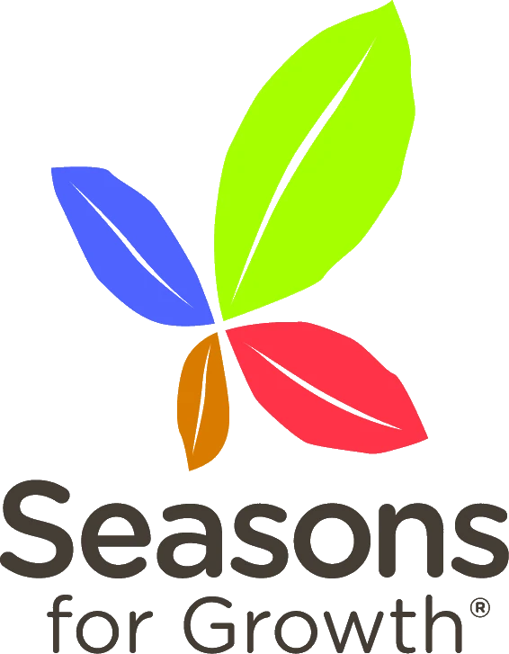 Seasons for growth logo - a flower with a gree, blue, brown and red petal, and the words season for growth at the bottom